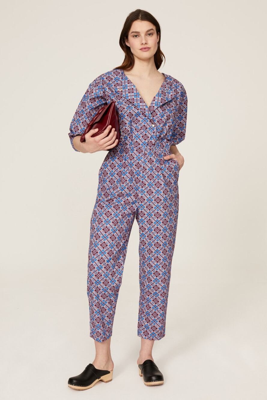 Rachel Comey Holt Geometric Print Purple Blue Puff Sleeve Ankle Jumpsuit Size 4